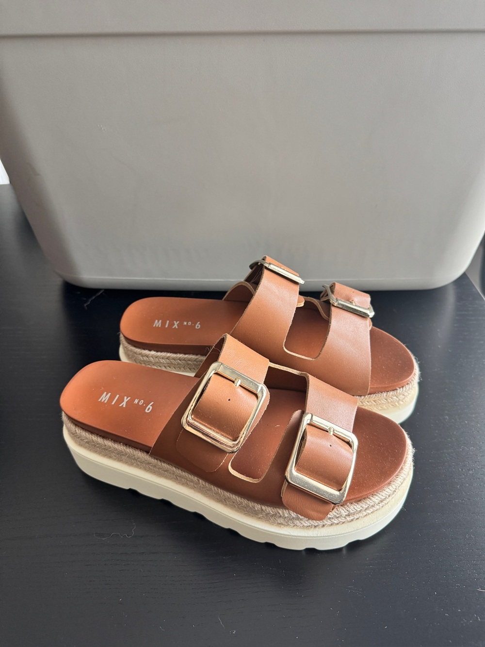 MIX No. 6 Tan Leather Double Buckle Platform Espadrille Sandals - Size 7